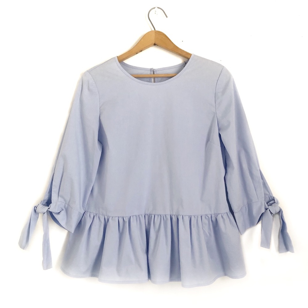 Poplin Cotton Blue Ruffle Hem Tie Sleeve Top A16